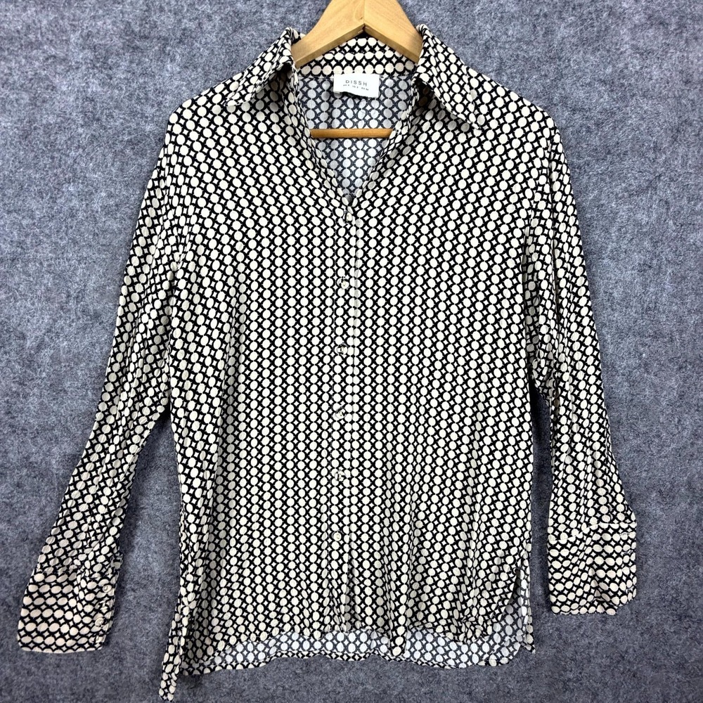 Dissh Shirt Womens 2 White Black Geometric Print Office Chic Secretary Button Up